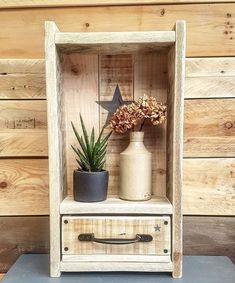 a wooden shelf with some plants in it