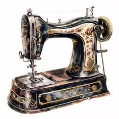 an antique sewing machine painted in watercolor on white paper with gold and blue accents