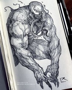 an ink drawing of a monster with its mouth open and claws out, on top of a book