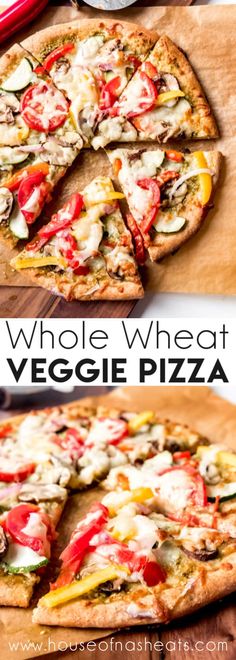 the whole wheat veggie pizza is cut into slices and ready to be eaten