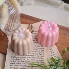 two wax candles sitting on top of an open book next to a vase with flowers