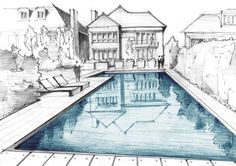 a drawing of a swimming pool with lounge chairs around it