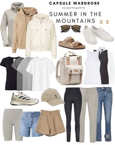 Outdoor Holiday Outfit, Summer In The Mountains Outfits, Hiking Capsule Wardrobe, Summer Mountain Outfit, Banff Outfit Summer, Hiking Trip Outfit, Mountain Trip Outfit, Summer Mountain Vacation Outfits, Mountain Outfit Summer