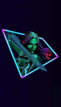 a woman with long hair holding a knife in front of a neon triangle shaped object