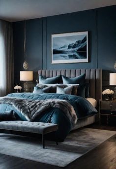 a bedroom with blue walls and fur on the bed