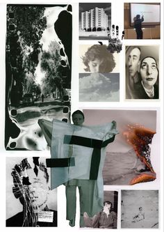 a collage of black and white photos with people in the background holding up a scarf