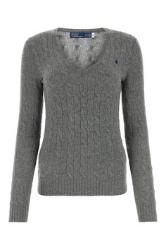 Sweater realized in wool and cashmere characterized by contrasting iconic logoed embroidery on the chest. - Ribbed V neckline, cuffs and hemlineComposition: Exterior: 80% Wool 20% Cashmere Ralph Lauren Womens Clothing, Designer Ralph Lauren, Polo Pony, Grey Jumper, Cashmere Color, Polo Ralph Lauren Women, Cable Knit Jumper, Ralph Lauren Sweater, Ralph Lauren Womens