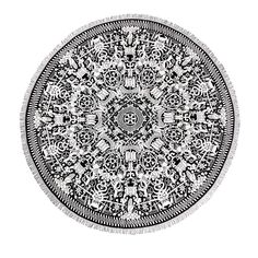 a black and white drawing of a circular object with many designs on the center, surrounded by smaller circles