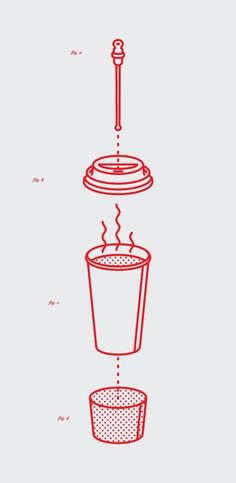 a red line drawing of a coffee cup with steam coming out of the top and bottom