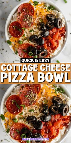 two bowls of cottage cheese pizza bowl with olives and tomatoes in the middle, on a white surface