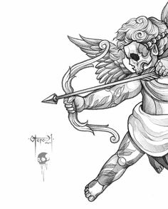 a drawing of an angel with a bow and arrow in his hand, holding a skull