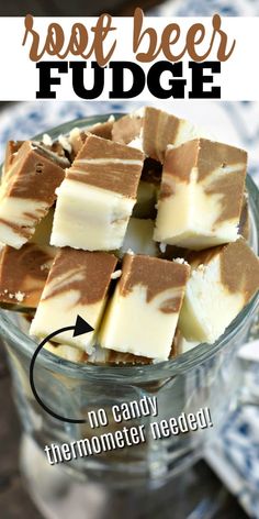 a glass bowl filled with fudge next to a blue and white checkered napkin