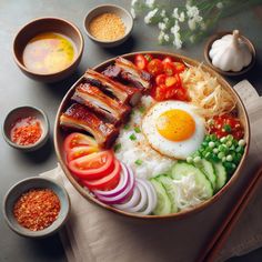 a bowl filled with meat, vegetables and an egg on top of rice next to bowls of sauces