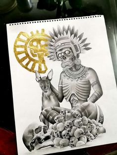 a drawing of a skeleton sitting on the ground next to skulls and a gold sun