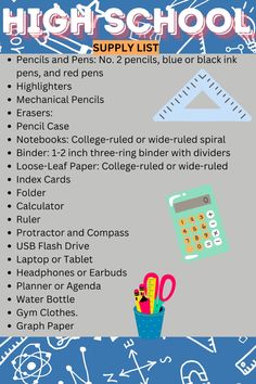 a poster with the words high school supply list