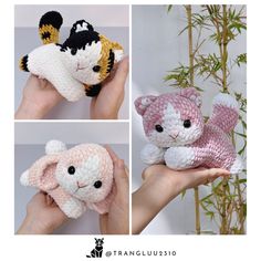 there are three pictures of small crocheted animals in different poses, one is pink and the other is white