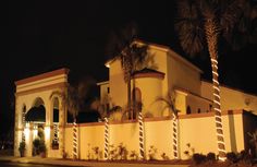 a large white building with palm trees and lights on it's sides at night