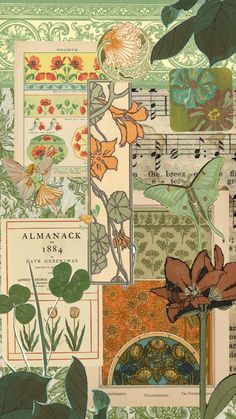 an altered collage with flowers and music notes on it's side, including sheet music