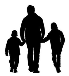 the silhouette of two adults and a child holding hands while walking down a white background