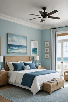 a bedroom with blue walls and white bedding, wooden furniture and paintings on the wall