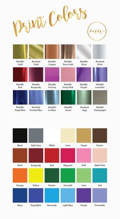 the color chart for paint colors and their names are shown in gold, red, green,