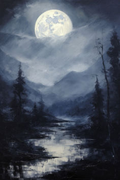 a painting of a full moon over a lake