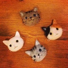 four small stuffed cats sitting on top of a wooden table next to a cat head