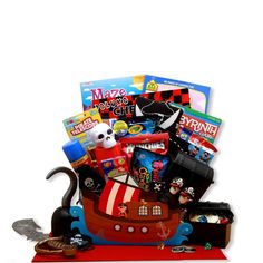 It's A Pirate's Life for me! What a fun way to send your favorite little person your very best birthday wishes, get well wishes or just let them know you are thinking of them! This unique pirate gift box is filled to overflowing with everything a little pirate would want to have a fun filled time. We've included a pirates telescope, pirate eye patch, pirate treasure box and even a treasure map for them to use with their friends to search for the hidden treasure. The Pirate's Life Gift Box includes: pirate gift box, pirate sword, pirate eyepatch, treasure box, velvet bag of treasure, treasure map, pirate hook, checkers, Jelly Belly's Bean Boozled jelly beans, 2 frosted pirate suckers, gummi worms, cracker jacks, pirate telescope, munchies snack mix, silly string, maze book, coloring and act Munchies Snack Mix, Pirate Eye, Jelly Belly Beans, Candy Arrangements, Maze Book, Pirate Gifts, Pirate Eye Patches, Treasure Gift, Get Well Wishes