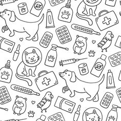 a black and white pattern with cats, dogs, and medical supplies on it's surface