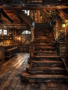 an old wooden staircase leading up to a kitchen and dining room in a log cabin