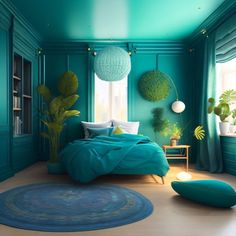 a bedroom with blue walls and green decor