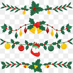 christmas decorations with holly leaves and bells on transparent background