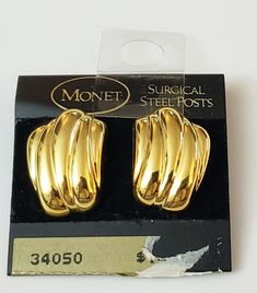 Vintage Monet Modern Goldtone Gold Tone Pierced Earrings, New On Card, Signed.  New on the original card. Card shows storage and handling wear. International buyers are welcome, check out with your purchase using eBay global shipping. Used condition with normal wear as in photo. View ZOOM all photos for condition, its part of the description. Not in mint condition since its an used item. Ships with delivery confirmation and insurance. Shipping rates went up again, 4th time in 23 months and is going up again so take that under consideration when buying and leaving shipping cost feedback. Alsbktankraftbag, MONET,GOLD,PIERCED Monet Earrings, Vintage Monet, Original Card, Card Card, Pierced Earrings, Vintage Watches, Earings Piercings, Antique Jewelry, Mint Condition