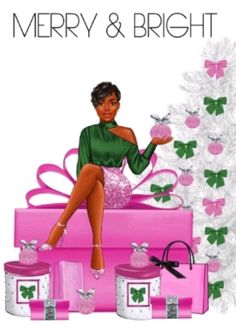 a woman sitting on top of a pink present box with presents around her and the words merry & bright