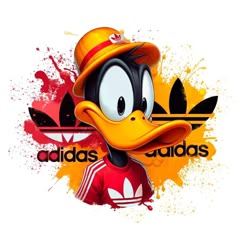 a cartoon duck wearing a hat with adidas on it's head and an orange splash