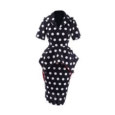 a black and white polka dot dress with red accents on the bottom, front and back