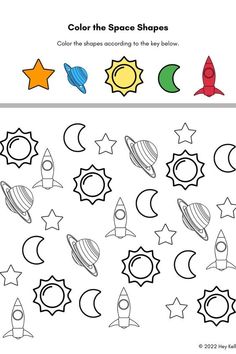 color the space shapes worksheet for kids to learn how to draw and paint