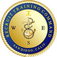 a blue and gold seal with an anchor on the front, and words beach training command w e s