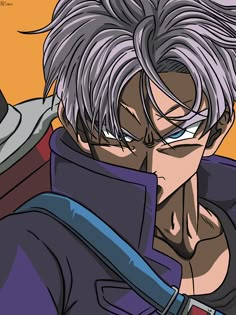 an anime character with grey hair and glasses holding a knife in his right hand while looking at the camera