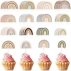 cupcakes with pink frosting and rainbow toppers on white background, set of 12