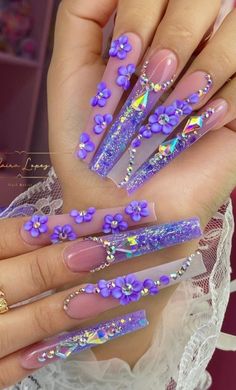 #fashion #art #instagram #nails Different Nail Designs On Each Hand, Aquarius Birthday Nails Acrylic, New Acrylic Nails Trends, Bougie Nails Acrylic, Acrylic Nails With Jewels, Mermaid Color Nails, Acrylic Nail Set Ideas, Purple And Blue Nails Designs, Flower Gem Nails