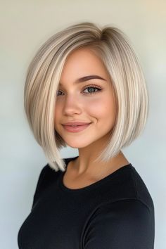 Click for More ➡️ | Save for Later ❤️  A sleek bob with sharp, clean lines provides a polished and refined look. The icy blonde color adds an ultra-modern touch, making this style perfect for those who love a minimalist aesthetic. (Sleek Bob with Icy Blonde - Short Hairstyles For Round Faces) Fall Hair Colors For Blondes For Short Hair, The Best Blonde Hair Color, Sleek Chin Length Hair, Beveled Bob Haircut Short Hairstyles, Blonde Undercut Bob, Chin Length Stacked Bob With Bangs, Bob Cuts For Round Faces, Short Haircut Women Straight Hair