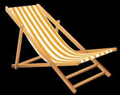 a yellow and white striped beach chair on a white background