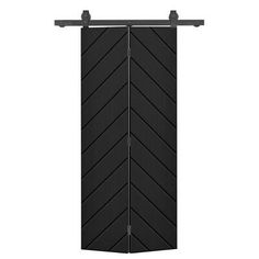 a black door with an arrow design on the front and side panels, hanging from a metal bar