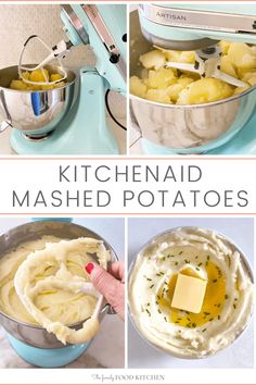 four pictures showing how to make mashed potatoes in a mixer and then using butter