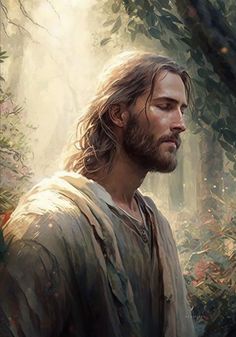 jesus standing in the forest with his eyes closed and head turned to look down at something