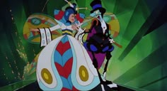 an animated scene with two people dressed in costumes and one is standing next to another