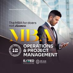 a man in a suit looking at his cell phone with the words, miba operations and project management