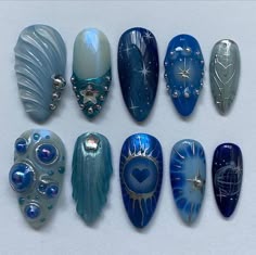 Pirate Inspired Nails, Dark Beach Nails, Virgo Inspired Nails, Water Nails Design, Pretty Gel Nails, Blue Nail, Nails Polish, Kawaii Nails, Press Ons