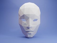 a white polygonal mask on a blue background with the face partially obscured by it's shadow